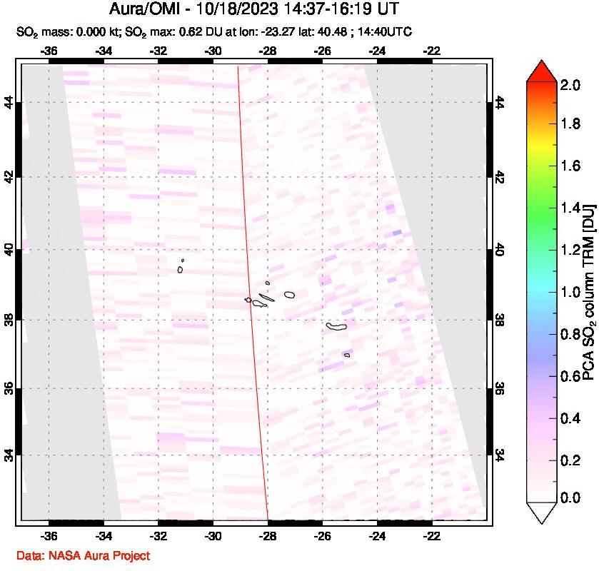 A sulfur dioxide image over Azore Islands, Portugal on Oct 18, 2023.