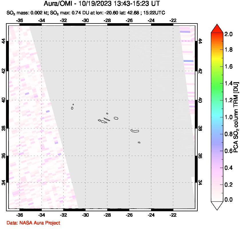 A sulfur dioxide image over Azore Islands, Portugal on Oct 19, 2023.