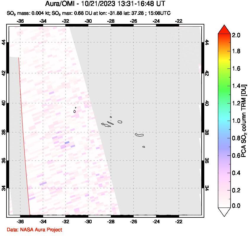 A sulfur dioxide image over Azore Islands, Portugal on Oct 21, 2023.