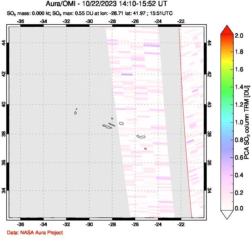 A sulfur dioxide image over Azore Islands, Portugal on Oct 22, 2023.