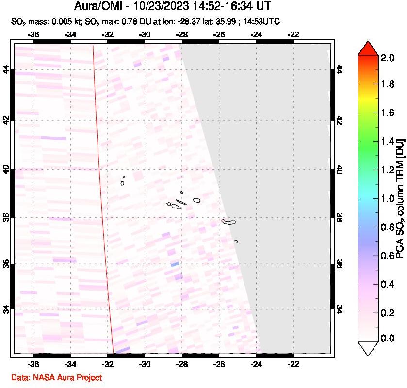 A sulfur dioxide image over Azore Islands, Portugal on Oct 23, 2023.