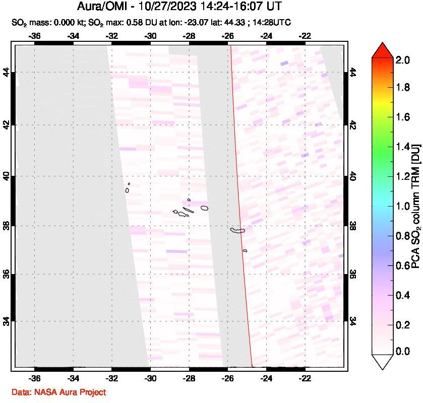 A sulfur dioxide image over Azore Islands, Portugal on Oct 27, 2023.