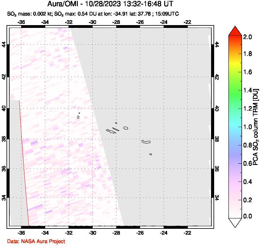 A sulfur dioxide image over Azore Islands, Portugal on Oct 28, 2023.