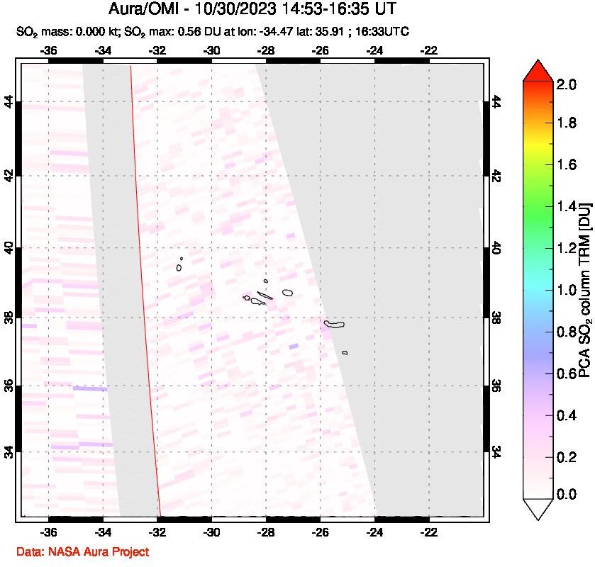 A sulfur dioxide image over Azore Islands, Portugal on Oct 30, 2023.