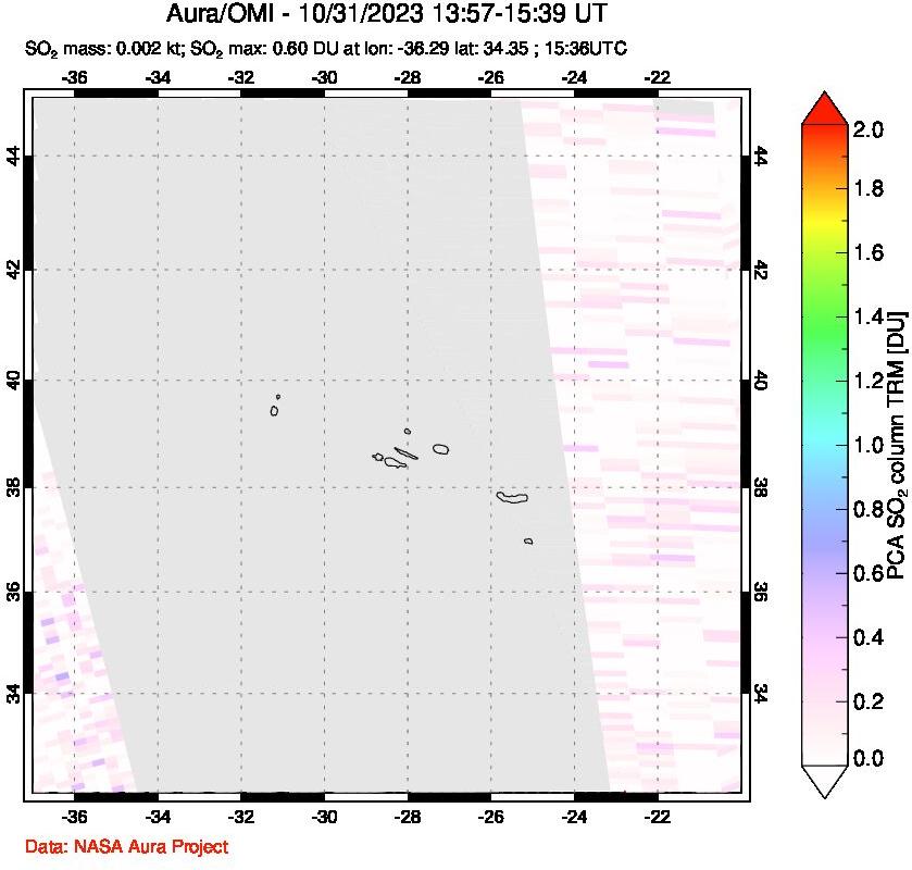 A sulfur dioxide image over Azore Islands, Portugal on Oct 31, 2023.