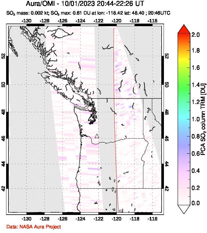 A sulfur dioxide image over Cascade Range, USA on Oct 01, 2023.