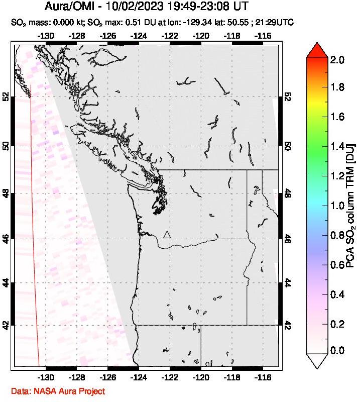 A sulfur dioxide image over Cascade Range, USA on Oct 02, 2023.