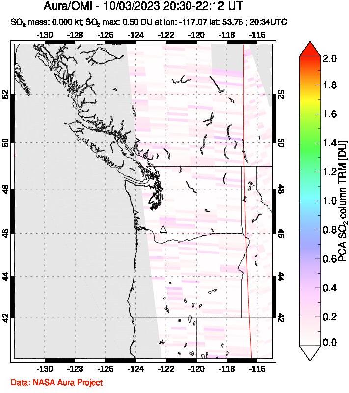 A sulfur dioxide image over Cascade Range, USA on Oct 03, 2023.