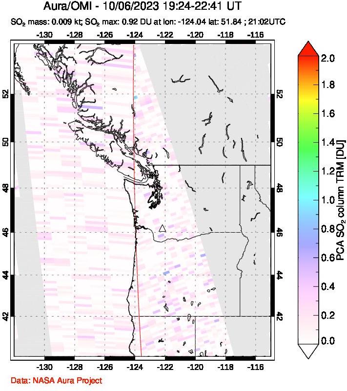 A sulfur dioxide image over Cascade Range, USA on Oct 06, 2023.