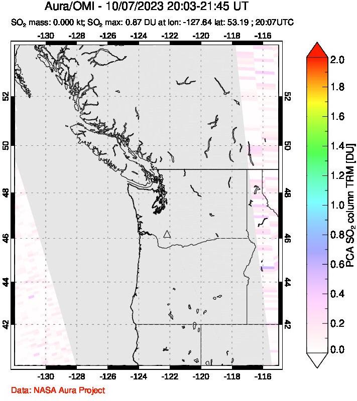 A sulfur dioxide image over Cascade Range, USA on Oct 07, 2023.