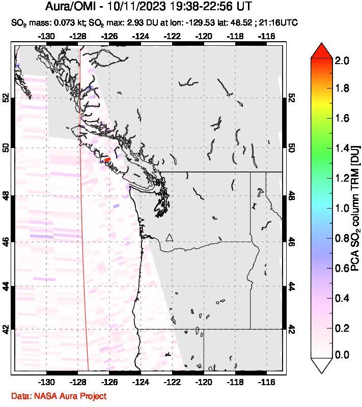 A sulfur dioxide image over Cascade Range, USA on Oct 11, 2023.