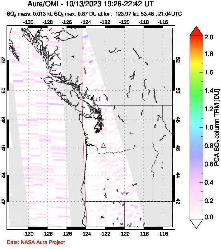 A sulfur dioxide image over Cascade Range, USA on Oct 13, 2023.