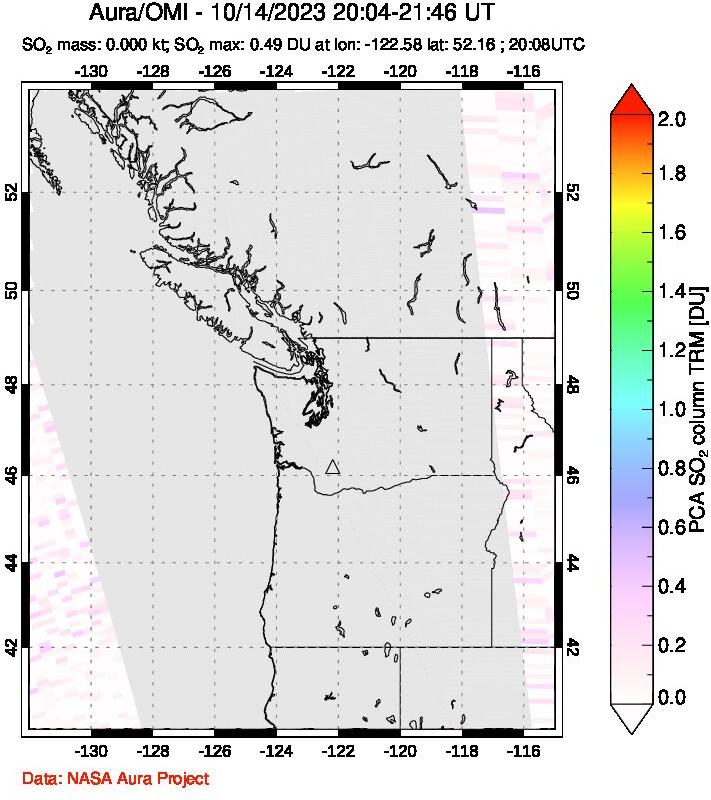 A sulfur dioxide image over Cascade Range, USA on Oct 14, 2023.