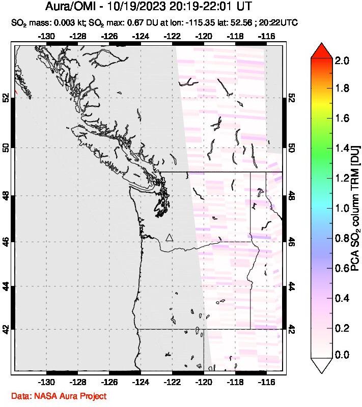 A sulfur dioxide image over Cascade Range, USA on Oct 19, 2023.