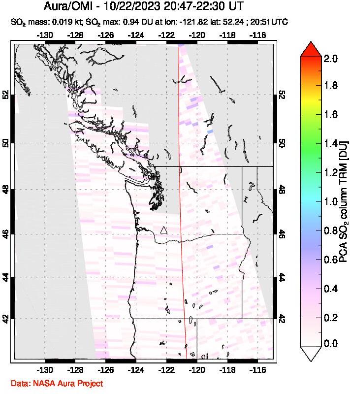 A sulfur dioxide image over Cascade Range, USA on Oct 22, 2023.