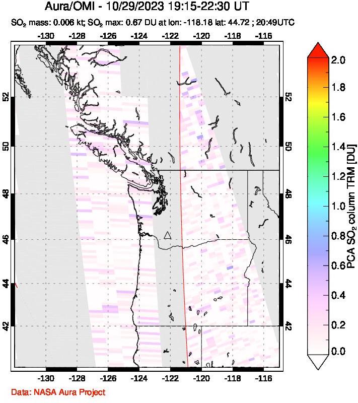 A sulfur dioxide image over Cascade Range, USA on Oct 29, 2023.