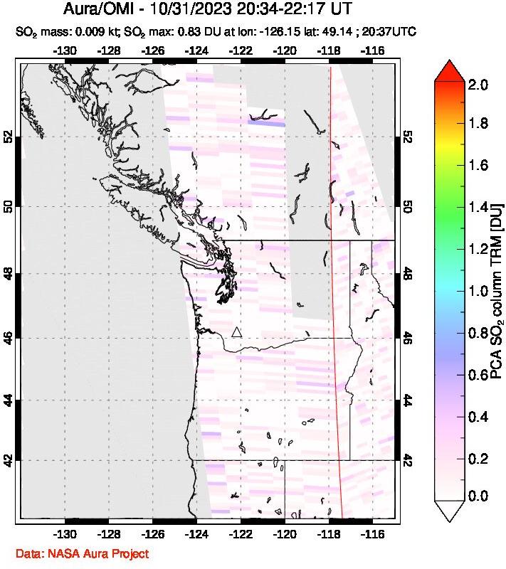 A sulfur dioxide image over Cascade Range, USA on Oct 31, 2023.