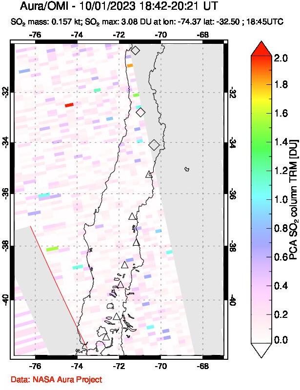 A sulfur dioxide image over Central Chile on Oct 01, 2023.