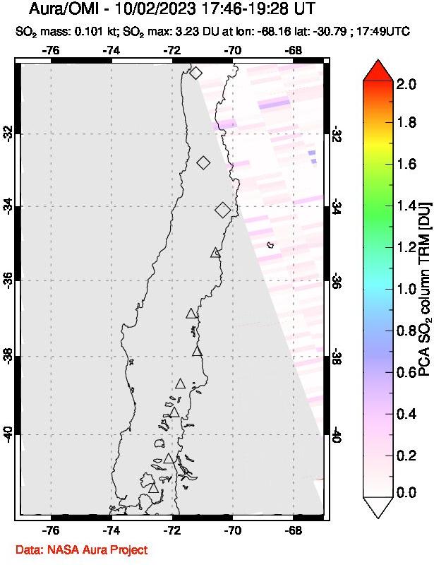 A sulfur dioxide image over Central Chile on Oct 02, 2023.