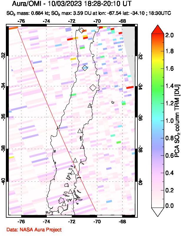 A sulfur dioxide image over Central Chile on Oct 03, 2023.