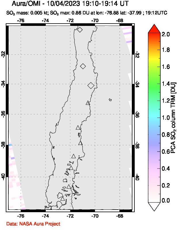 A sulfur dioxide image over Central Chile on Oct 04, 2023.