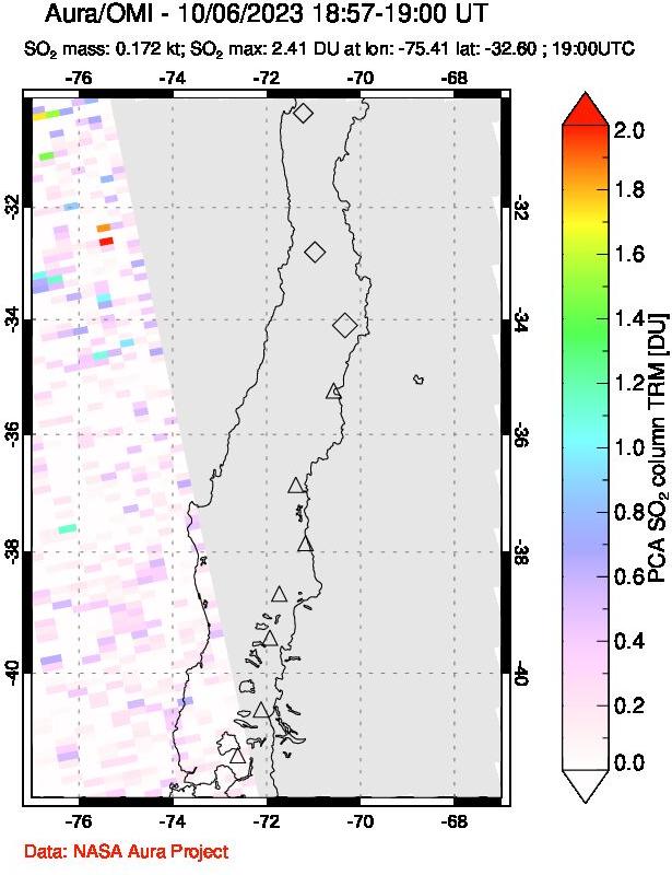 A sulfur dioxide image over Central Chile on Oct 06, 2023.