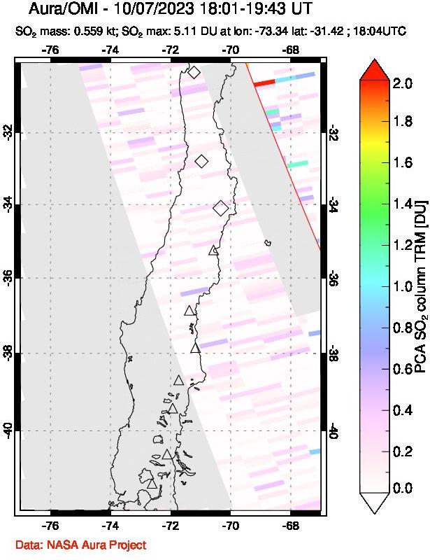 A sulfur dioxide image over Central Chile on Oct 07, 2023.