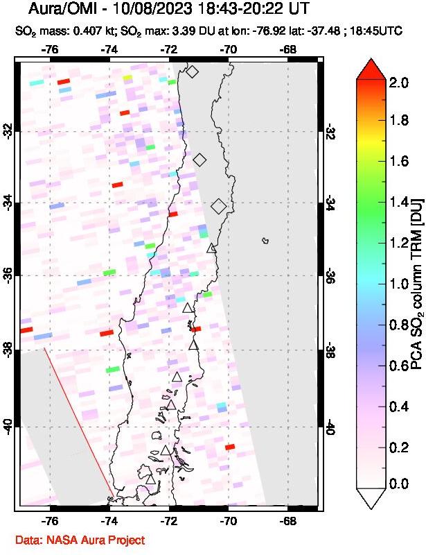 A sulfur dioxide image over Central Chile on Oct 08, 2023.