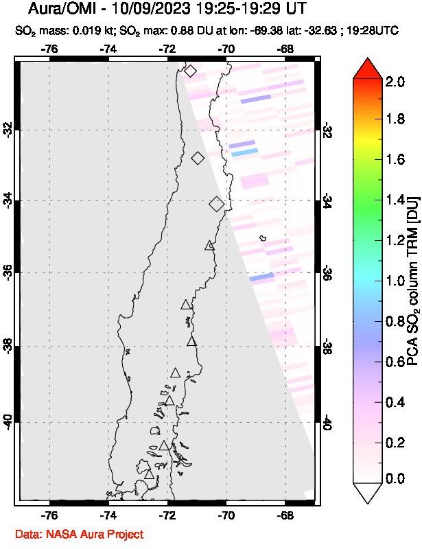 A sulfur dioxide image over Central Chile on Oct 09, 2023.