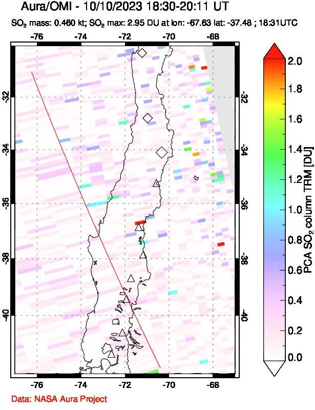 A sulfur dioxide image over Central Chile on Oct 10, 2023.