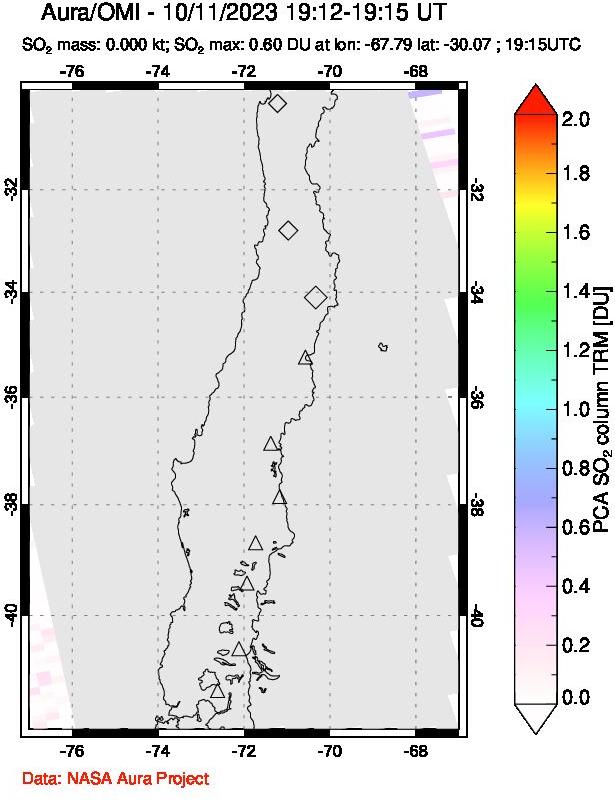 A sulfur dioxide image over Central Chile on Oct 11, 2023.