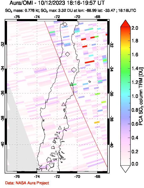 A sulfur dioxide image over Central Chile on Oct 12, 2023.