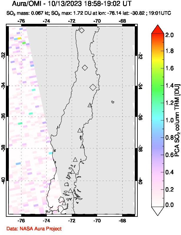 A sulfur dioxide image over Central Chile on Oct 13, 2023.