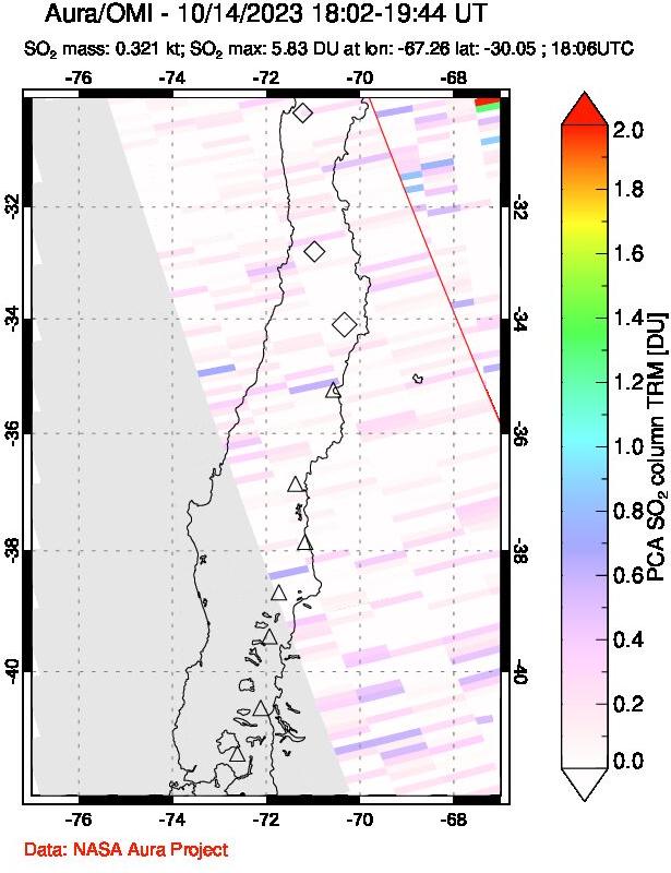 A sulfur dioxide image over Central Chile on Oct 14, 2023.