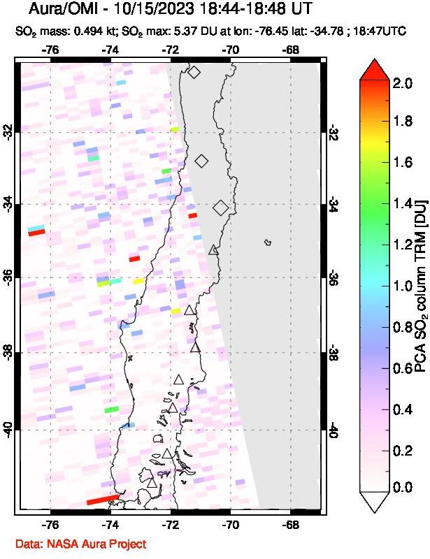 A sulfur dioxide image over Central Chile on Oct 15, 2023.