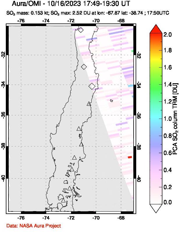 A sulfur dioxide image over Central Chile on Oct 16, 2023.