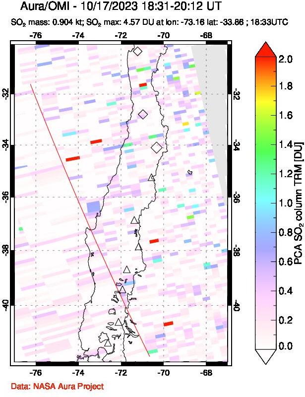 A sulfur dioxide image over Central Chile on Oct 17, 2023.