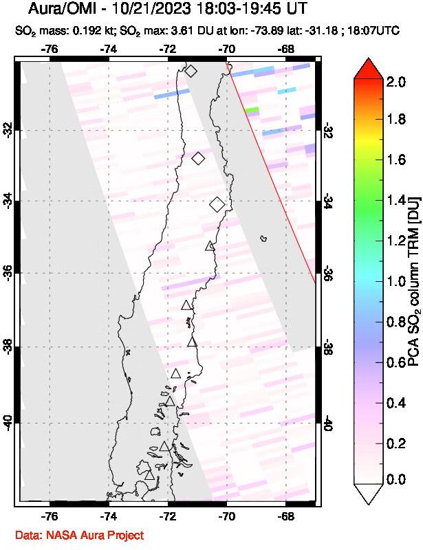 A sulfur dioxide image over Central Chile on Oct 21, 2023.