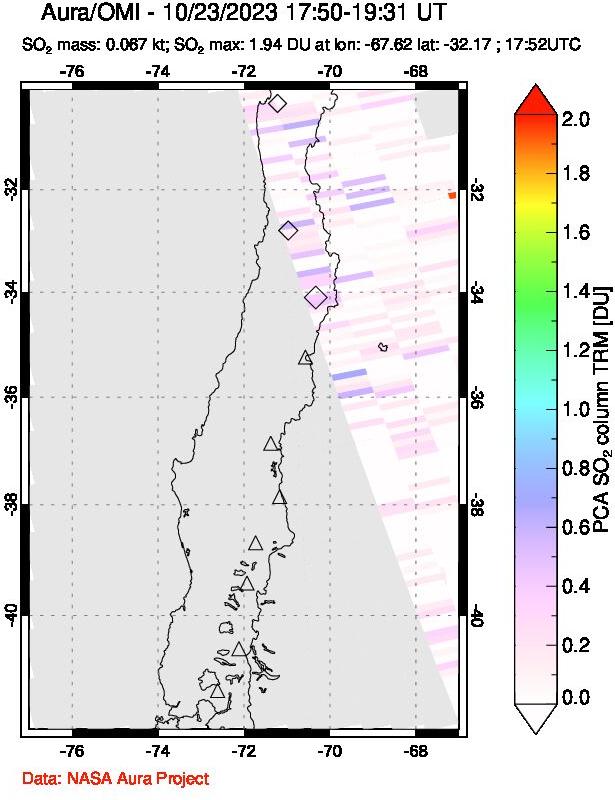 A sulfur dioxide image over Central Chile on Oct 23, 2023.