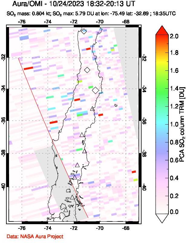 A sulfur dioxide image over Central Chile on Oct 24, 2023.