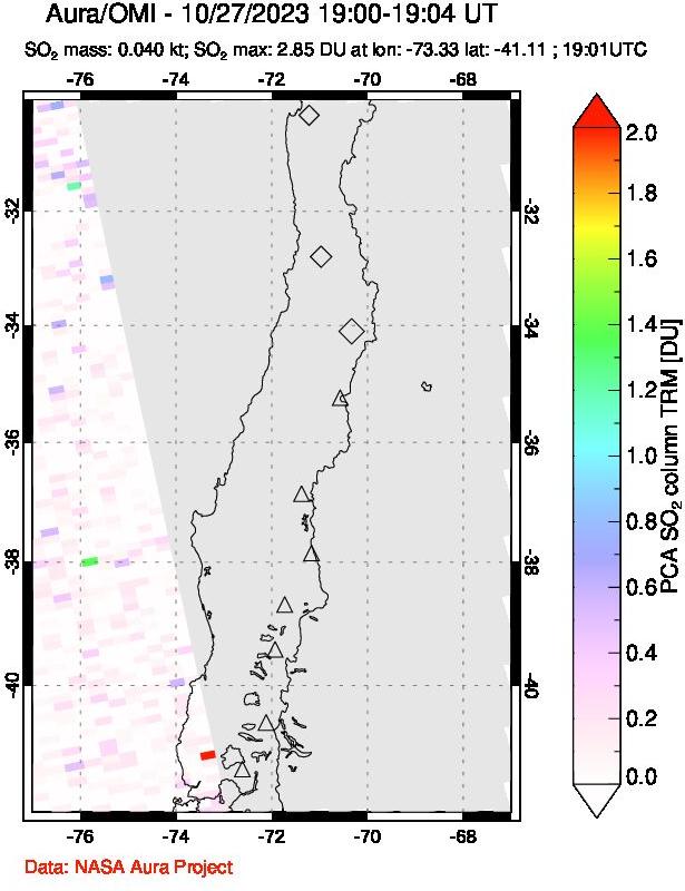 A sulfur dioxide image over Central Chile on Oct 27, 2023.