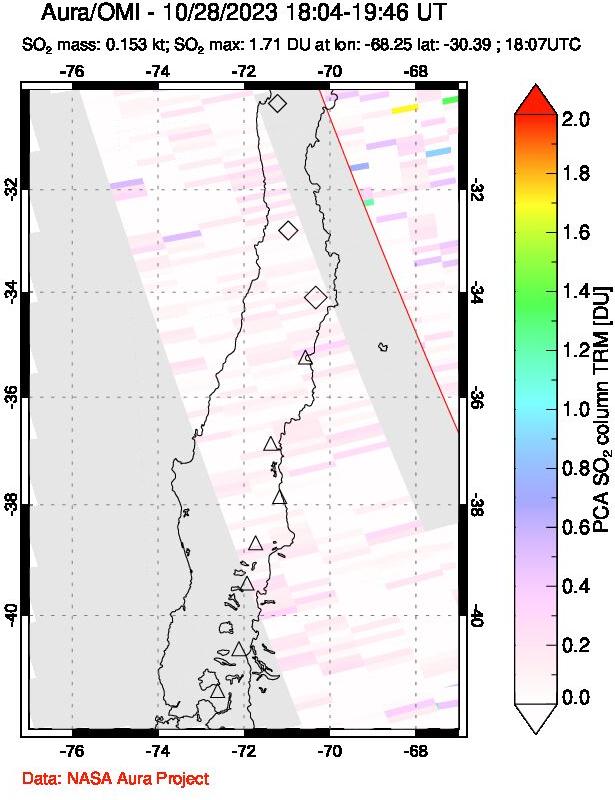 A sulfur dioxide image over Central Chile on Oct 28, 2023.