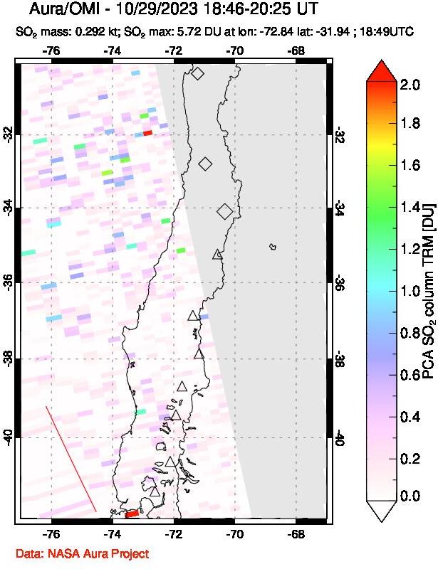 A sulfur dioxide image over Central Chile on Oct 29, 2023.