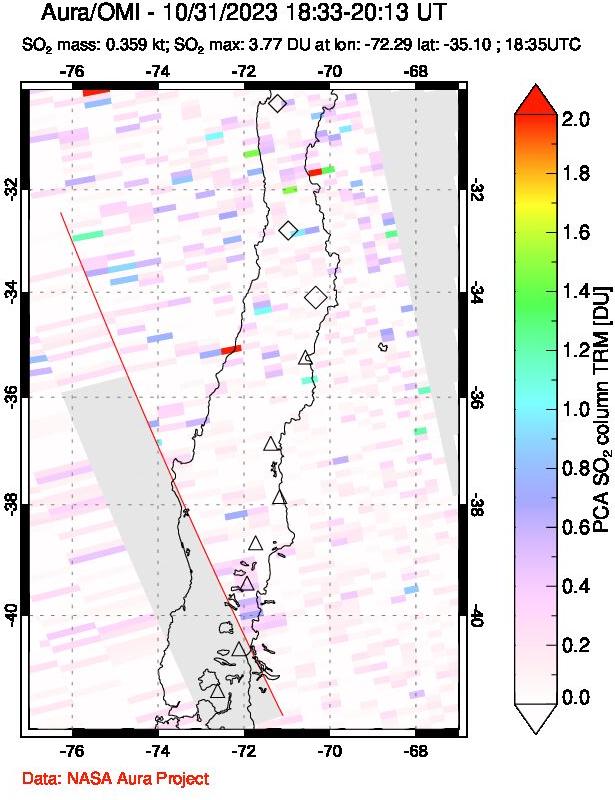 A sulfur dioxide image over Central Chile on Oct 31, 2023.