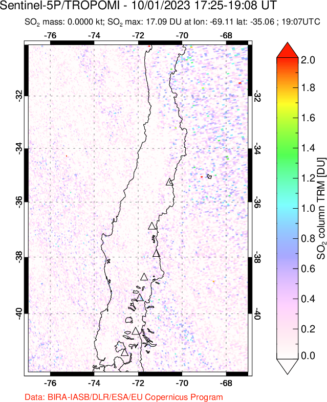 A sulfur dioxide image over Central Chile on Oct 01, 2023.