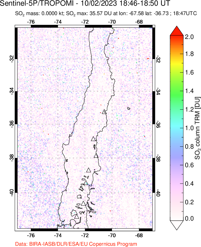 A sulfur dioxide image over Central Chile on Oct 02, 2023.