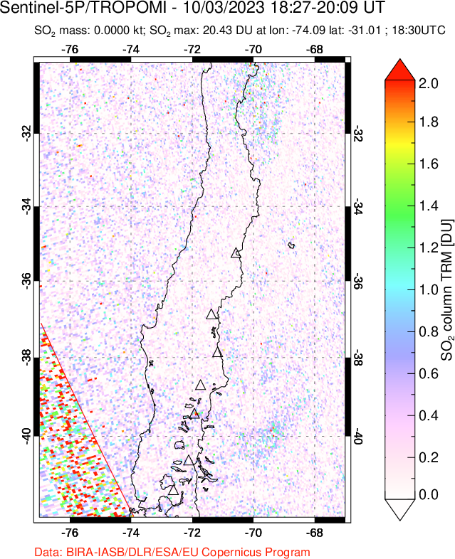 A sulfur dioxide image over Central Chile on Oct 03, 2023.