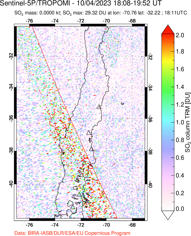 A sulfur dioxide image over Central Chile on Oct 04, 2023.