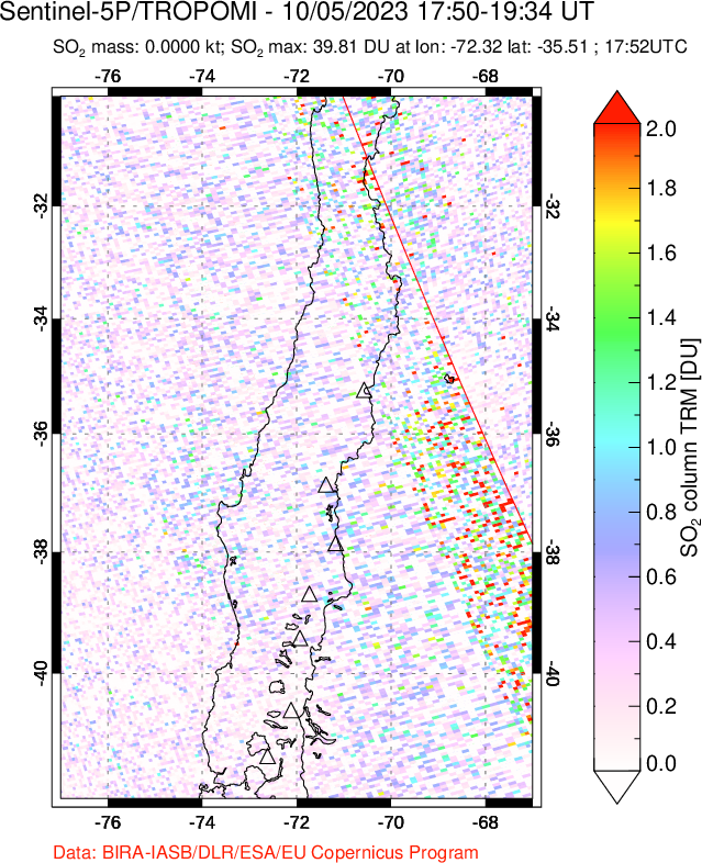 A sulfur dioxide image over Central Chile on Oct 05, 2023.