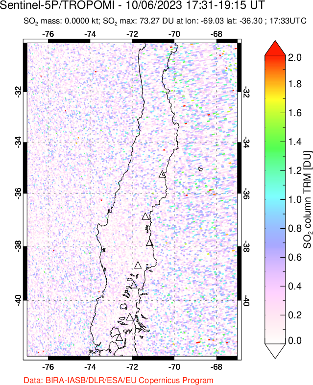 A sulfur dioxide image over Central Chile on Oct 06, 2023.